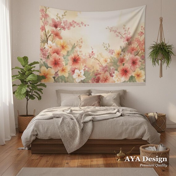 Watercolor Floral Tapestry | Cherry Blossom Tropical Wall Art, Boho Decor