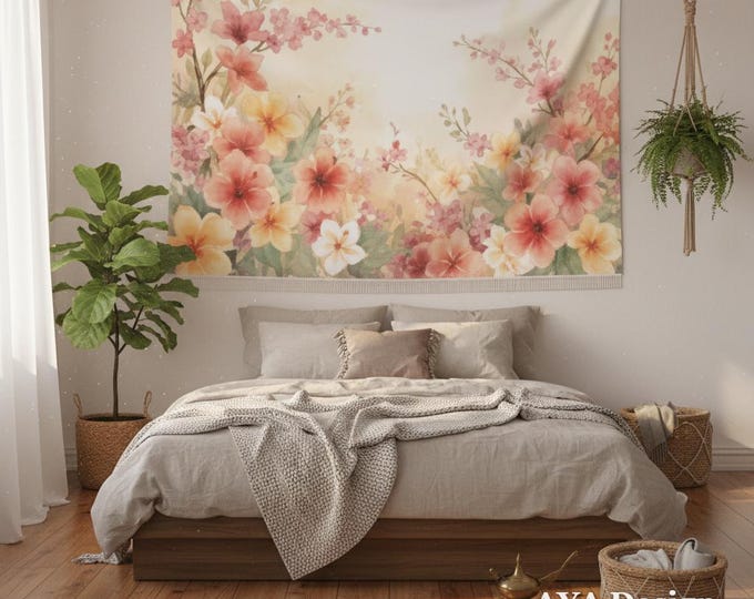 Watercolor Floral Tapestry | Cherry Blossom Tropical Wall Art, Boho Decor