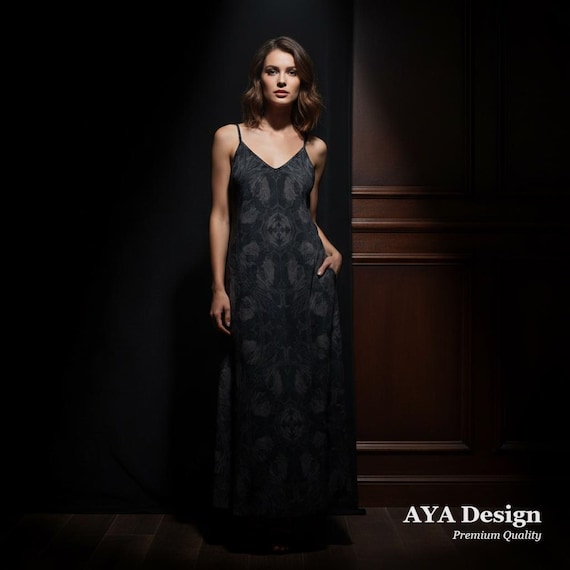 Dark Romance Gothic Slip Dress | Cathedral Lace Print Maxi Gown