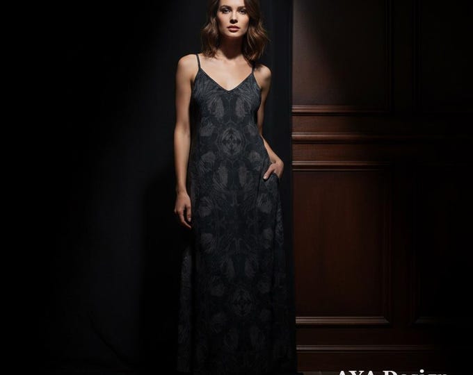 Dark Romance Gothic Slip Dress | Cathedral Lace Print Maxi Gown