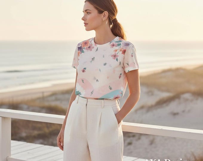 Pastel Floral Wave T-Shirt | Watercolor Nature Art Top