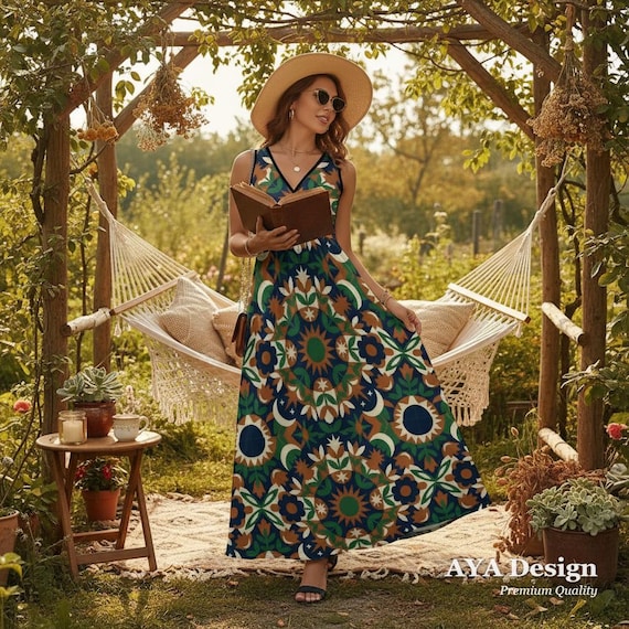 Boho Geometric Print Maxi Dress, Sleeveless V-Neck Summer Resort Wear
