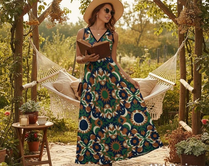 Boho Geometric Print Maxi Dress, Sleeveless V-Neck Summer Resort Wear