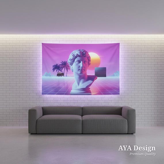 Vaporwave Tapestry, Lofi Greek Bust Synthwave Wall Art (60x40)
