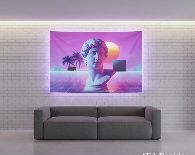 Vaporwave Tapestry, Lofi Greek Bust Synthwave Wall Art (60x40)