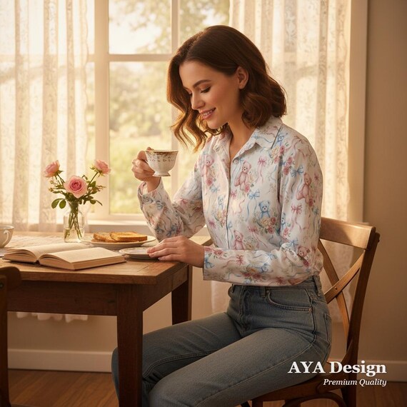 Coquette Teddy Bear Button Down Blouse | Pastel Floral Whimsical Top