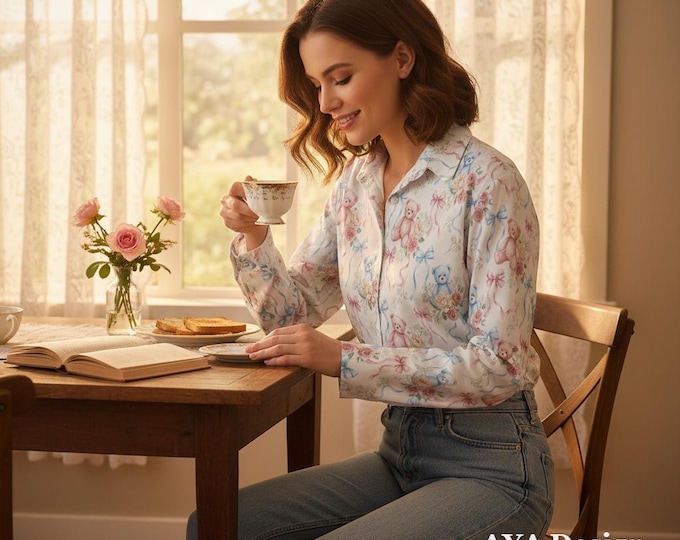 Coquette Teddy Bear Button Down Blouse | Pastel Floral Whimsical Top