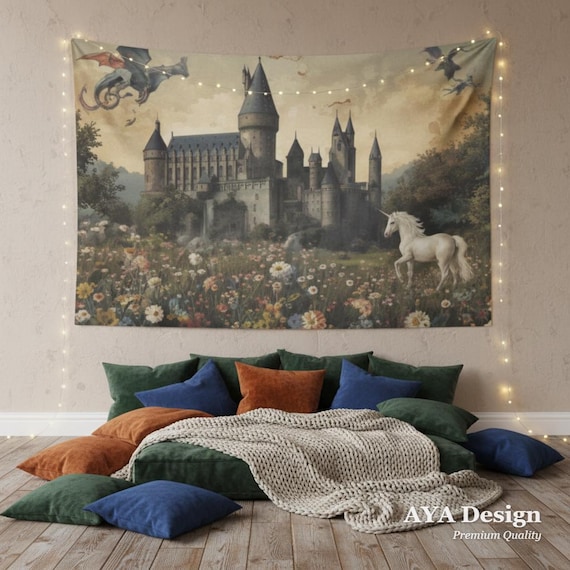 Vintage Fantasy Castle Tapestry | Medieval Dragon Unicorn Wall Art (60x40)