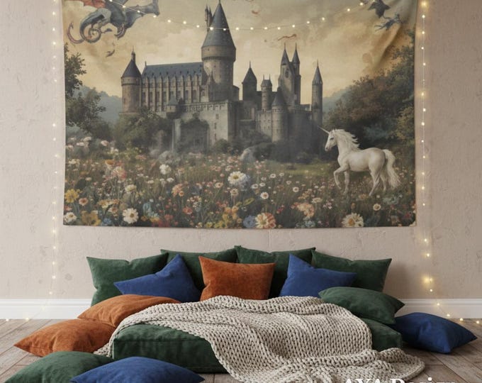 Vintage Fantasy Castle Tapestry | Medieval Dragon Unicorn Wall Art (60x40)