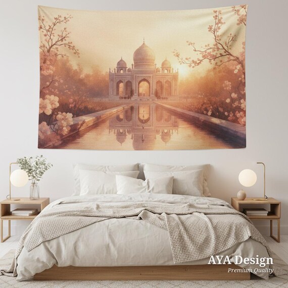 Romantic Taj Mahal Tapestry | Pastel Cherry Blossom Palace Wall Art