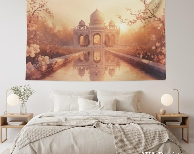 Romantic Taj Mahal Tapestry | Pastel Cherry Blossom Palace Wall Art