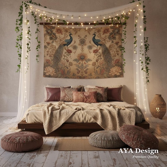 Vintage Peacock Floral Tapestry | Large Persian Botanical Wall Hanging 90x60