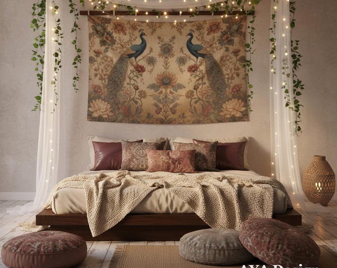 Vintage Peacock Floral Tapestry | Large Persian Botanical Wall Hanging 90x60