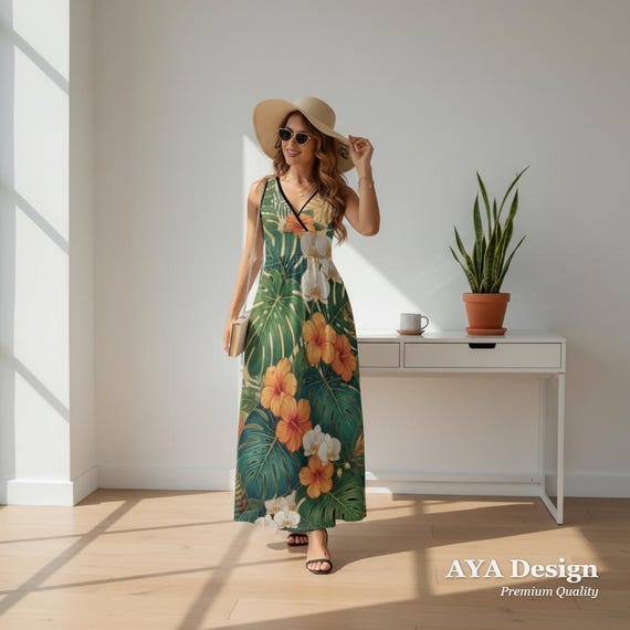 Tropical Botanical Maxi Dress, Sleeveless Boho Beach, Hawaiian Vacation Outfit