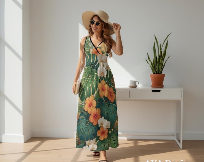 Tropical Botanical Maxi Dress, Sleeveless Boho Beach, Hawaiian Vacation Outfit