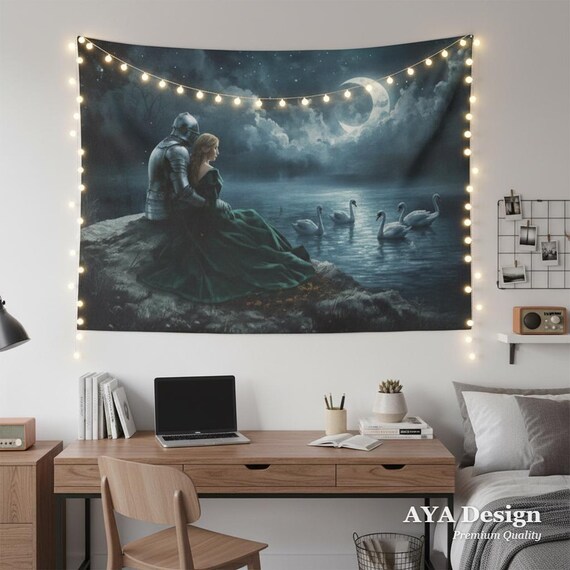 Medieval Knight Princess Tapestry | Romantic Swan Lake Wall Hanging