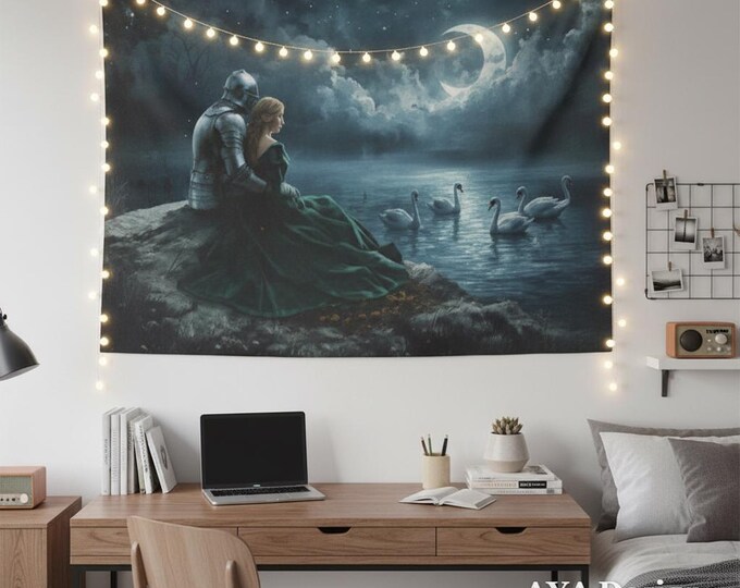 Medieval Knight Princess Tapestry | Romantic Swan Lake Wall Hanging