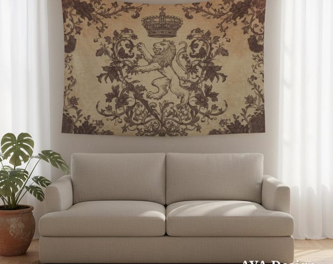 Vintage Heraldic Lion Tapestry, Dark Academia Royal Crown Wall Hanging, Gothic Decor (60x40)
