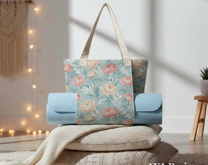 Peony Floral Yoga Mat Bag – Cotton Linen Yoga Tote Carrier for Women