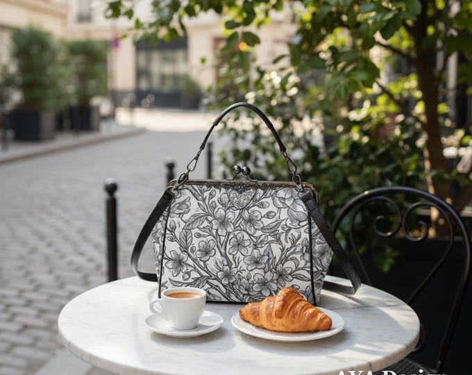 Vintage Floral Kisslock Bag | Black Botanical Sketch Crossbody Purse