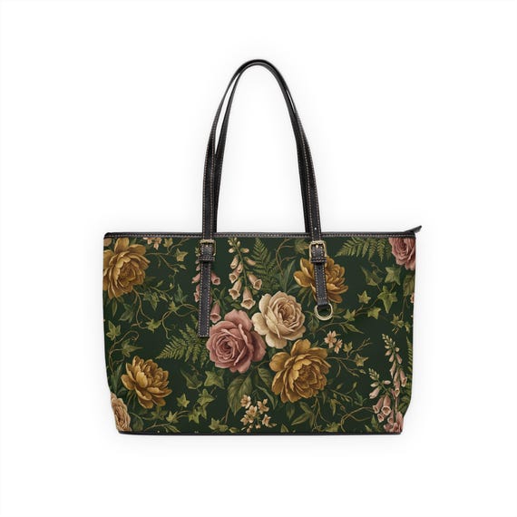 Vintage Rose Floral PU Leather Shoulder Bag | Dark Green Botanical Tote