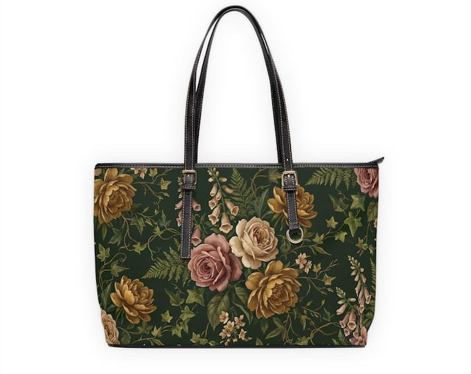 Vintage Rose Floral PU Leather Shoulder Bag | Dark Green Botanical Tote