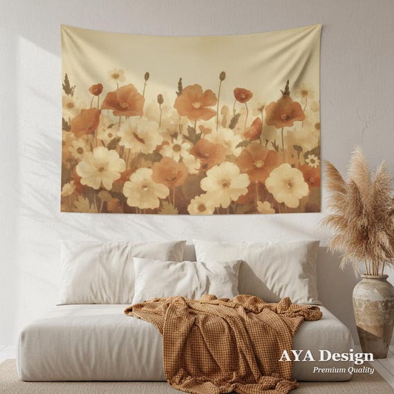 Retro Floral Tapestry, Vintage Botanical Wall Hanging, Terracotta Boho Art (60x40)