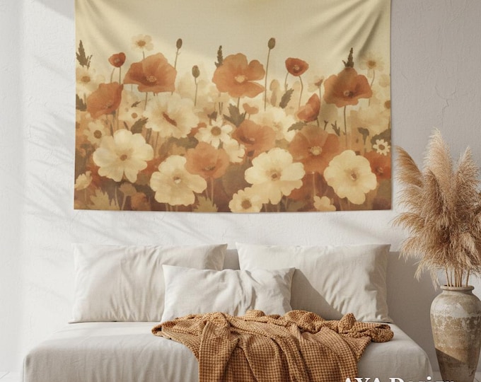 Retro Floral Tapestry, Vintage Botanical Wall Hanging, Terracotta Boho Art (60x40)
