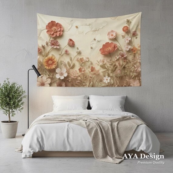 Retro Floral Tapestry, 3D Paper Cut Wildflower Art, Mid Century Boho Decor
