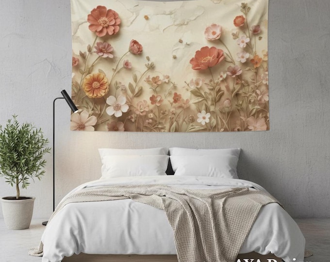Retro Floral Tapestry, 3D Paper Cut Wildflower Art, Mid Century Boho Decor