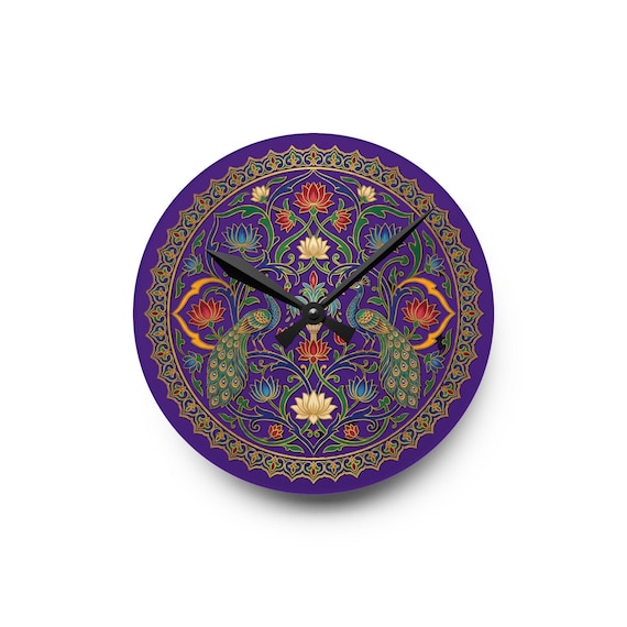 Mughal Peacock Wall Clock | Purple Indian Art Decor
