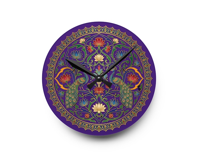 Mughal Peacock Wall Clock | Purple Indian Art Decor