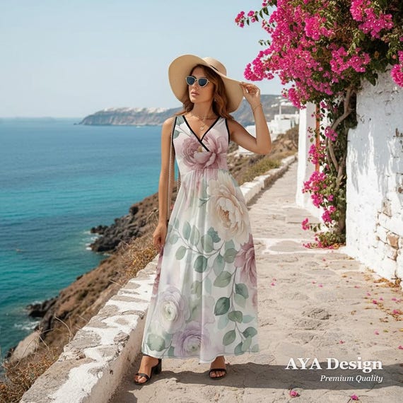 Watercolor Floral Maxi Dress | Sleeveless V-Neck Summer Sundress | Boho Garden Party Wear