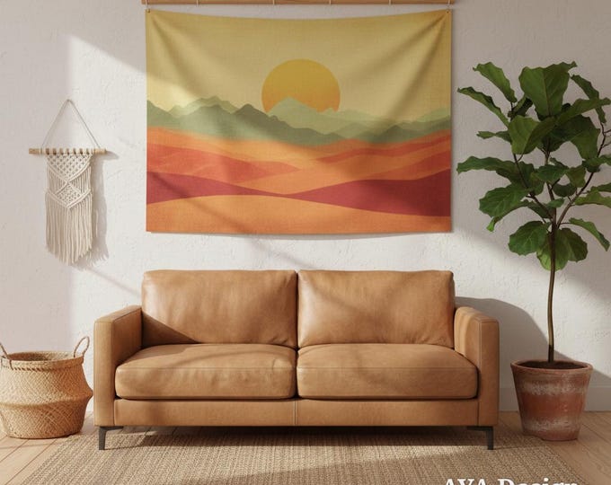 Retro Boho Sunset Tapestry, Mid Century Desert Mountain Wall Art