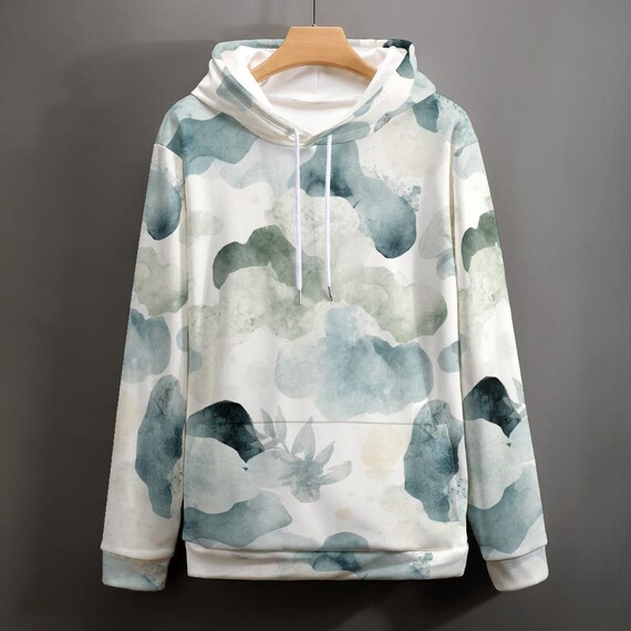 Watercolor Cloud Hoodie, Oversized Pastel Pullover, Postpartum Loungewear, Sage Green Blue Cream