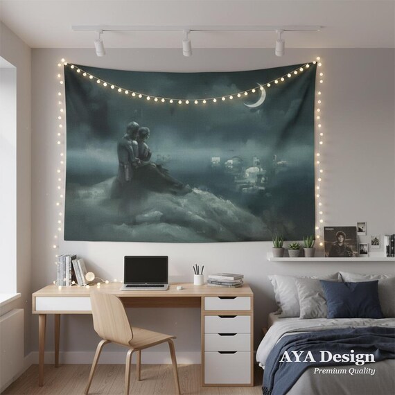 Medieval Knight Swan Lake Tapestry, Dark Fairy Tale Wall Hanging, Romantasy Goth Decor