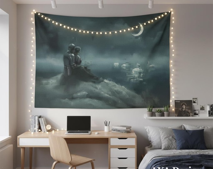 Medieval Knight Swan Lake Tapestry, Dark Fairy Tale Wall Hanging, Romantasy Goth Decor