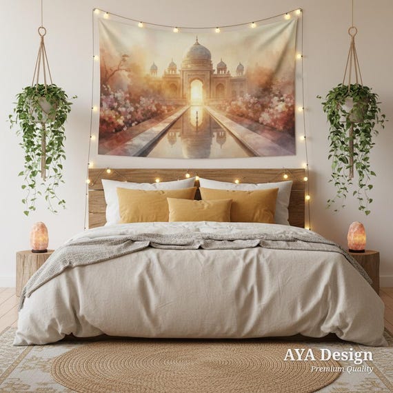 Taj Mahal Watercolor Tapestry | Romantic Cherry Blossom Wall Art | Boho Bedroom Hanging