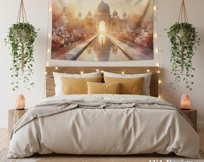 Taj Mahal Watercolor Tapestry | Romantic Cherry Blossom Wall Art | Boho Bedroom Hanging