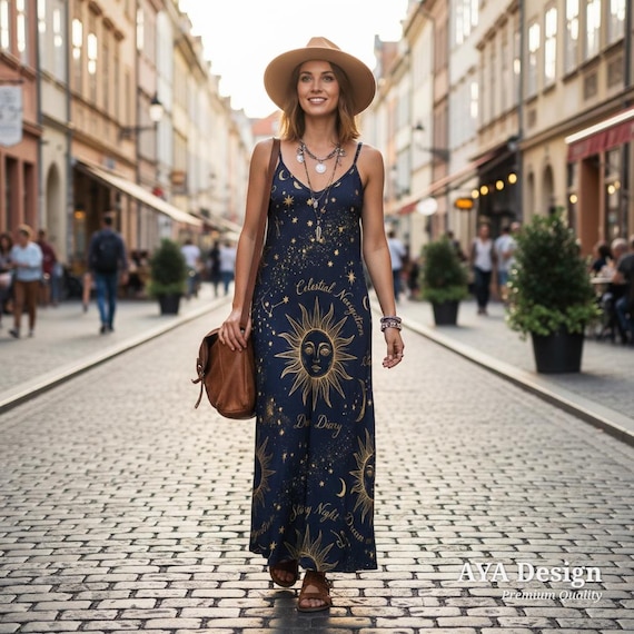 Celestial Sun Moon Maxi Dress | Boho Astrology Slip Dress | Whimsigoth Festival Clothes