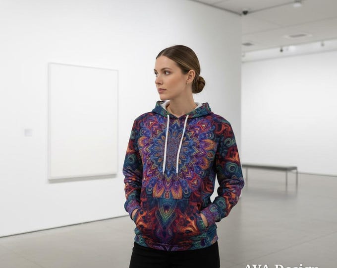 Psychedelic Mandala Hoodie | Vibrant Peacock Feather Festival Sweatshirt | Boho Rave Pullover
