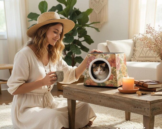 Boho Floral Cat Bed Cave | Cozy Kitten Tent, Small Dog House, Cottagecore Pet Furniture