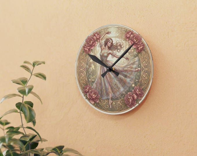 Romantic Ballerina Acrylic Wall Clock | Vintage Floral Dance Art