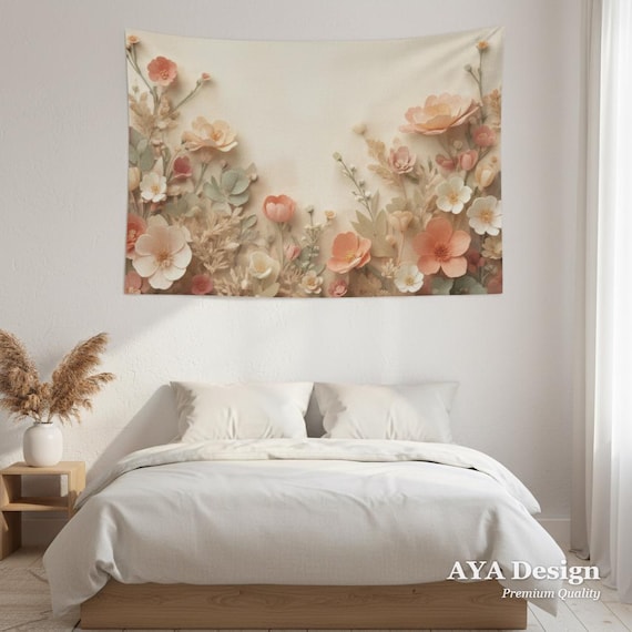 Cottagecore Floral Tapestry, Pastel Boho Wildflower Wall Art, Retro Botanical Dorm Decor 60x40