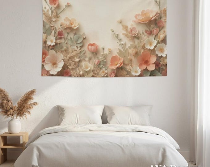 Cottagecore Floral Tapestry, Pastel Boho Wildflower Wall Art, Retro Botanical Dorm Decor 60x40