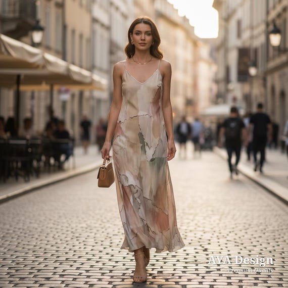 Abstract Watercolor Maxi Dress | Earth Tone Boho V-Neck Summer Slip Dress