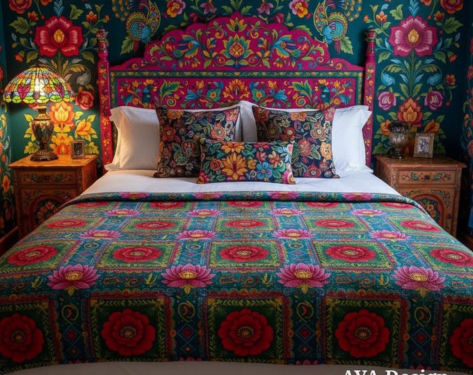 Pakistani Truck Art Fleece Blanket, Vibrant Floral Boho Throw, South Asian Home Decor