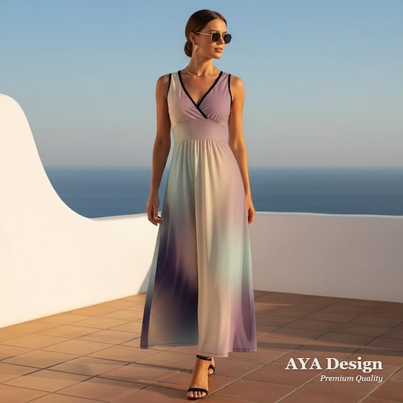 Ombre Maxi Dress | Pastel Gradient V-Neck Flowy Summer Sundress