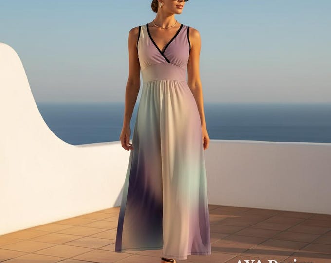 Ombre Maxi Dress | Pastel Gradient V-Neck Flowy Summer Sundress