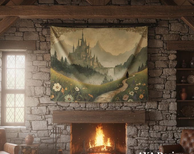 Dark Academia Tapestry Fantasy Castle - Epic Journey Medieval Wall Art Cozy Bookish Decor